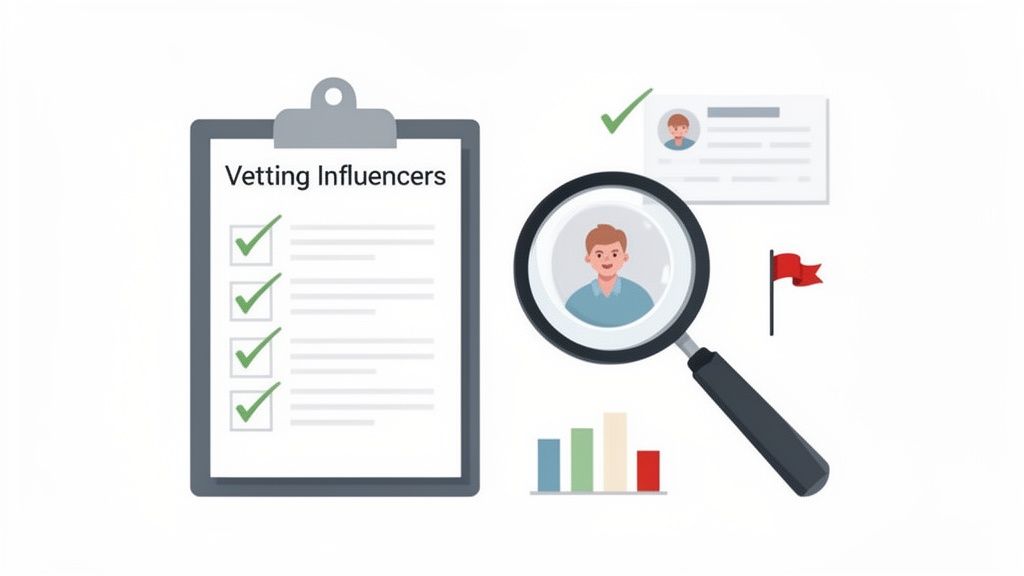 A clipboard with 'Vetting Influencers' and checkmarks, a magnifying glass on a profile, and data visuals.