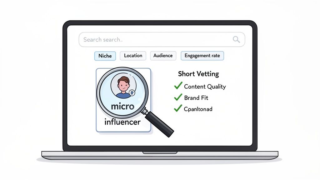 Laptop screen displays a micro-influencer search tool with filters and vetting details like content quality.