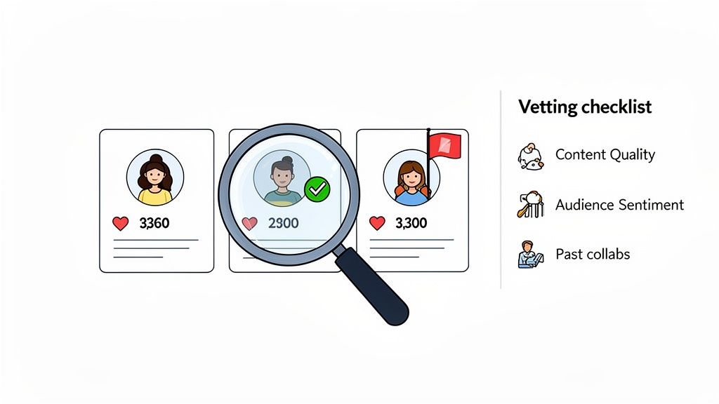 Infographic illustrating the vetting checklist for influencer collaborations, including profile analysis.