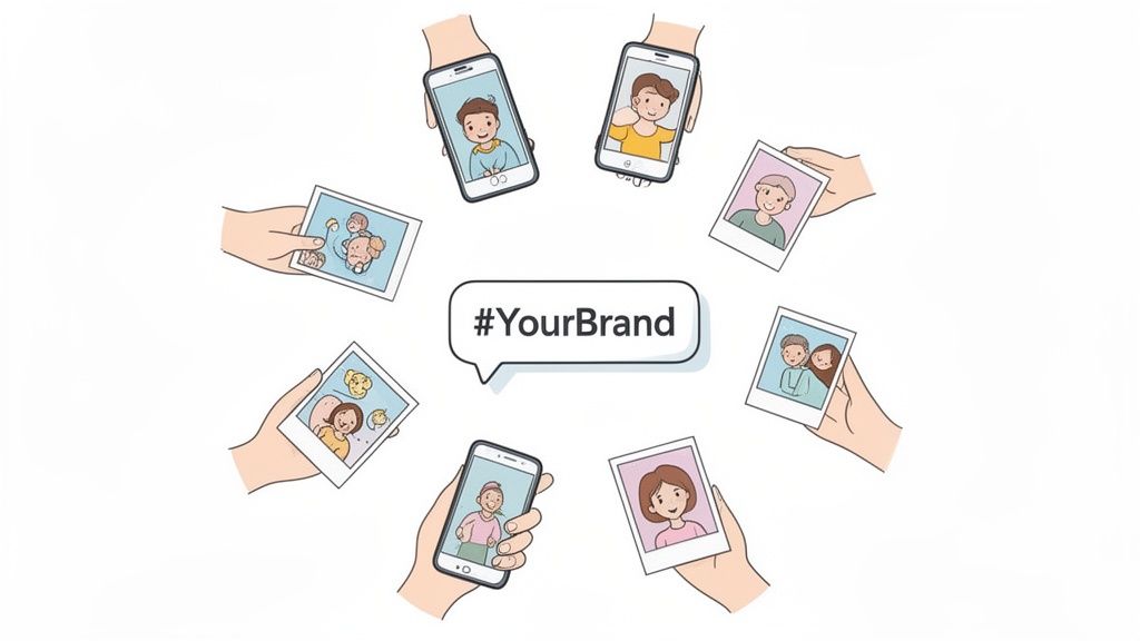 Hands hold phones and photos with diverse smiling people surrounding a #YourBrand hashtag.