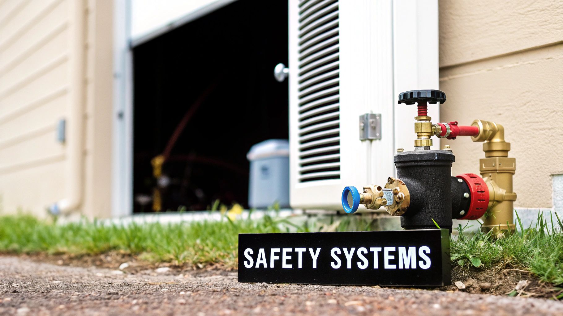 A 'SAFETY SYSTEMS' sign on the ground in front of an outdoor home CNG fueling station.