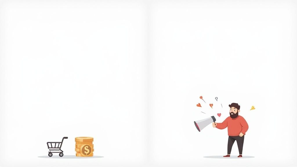 Illustration showing shopping cart with money and person using megaphone for marketing promotion. This image helps explain the difference between affiliate marketing vs influencer marketing.
