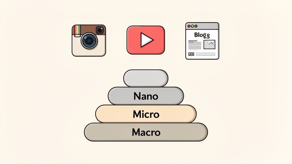 A pyramid illustrates influencer marketing tiers: Macro, Micro, Nano, with social media icons above.