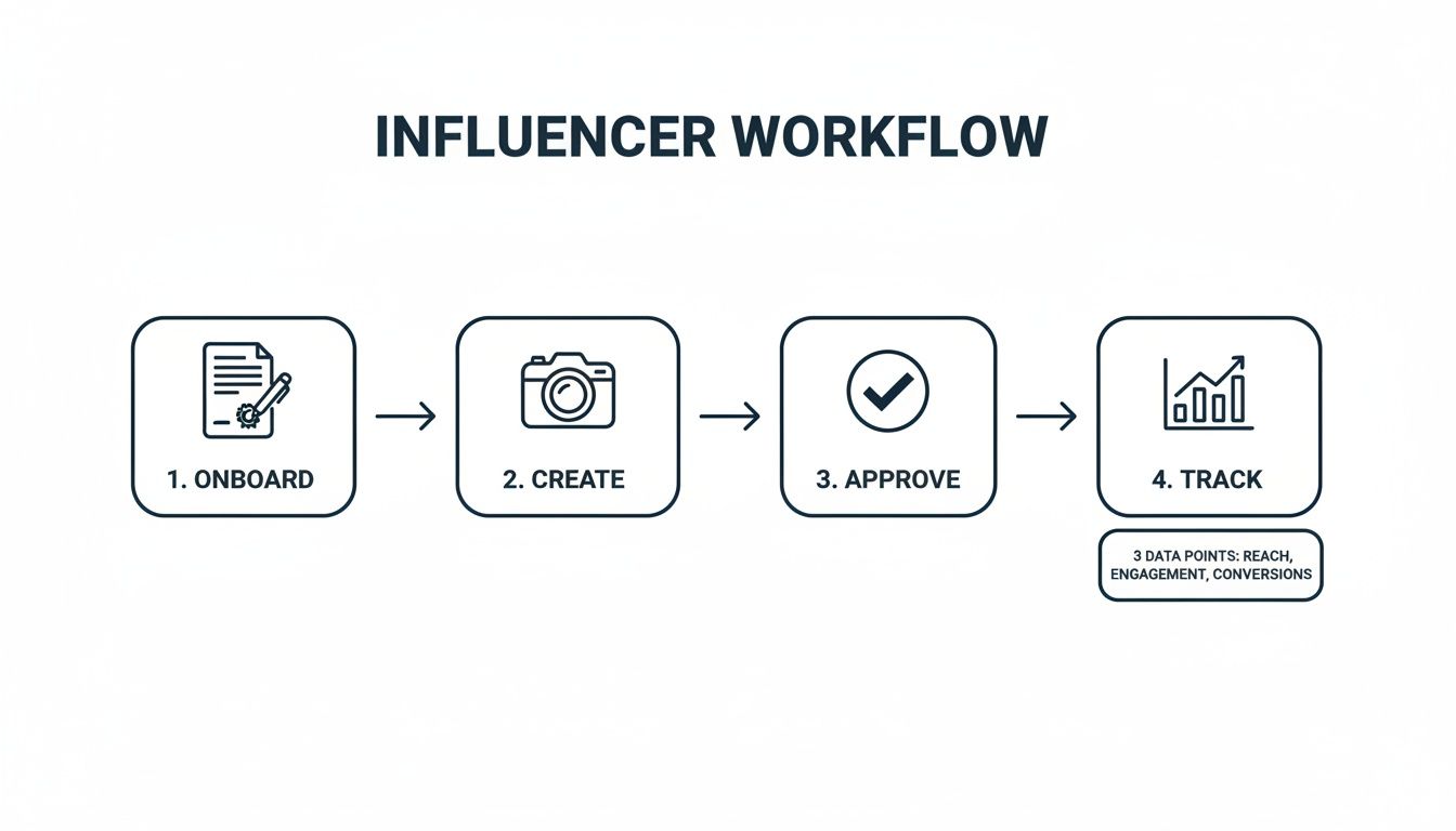Influencer workflow diagram illustrating four key steps: onboard, create, approve, and track.