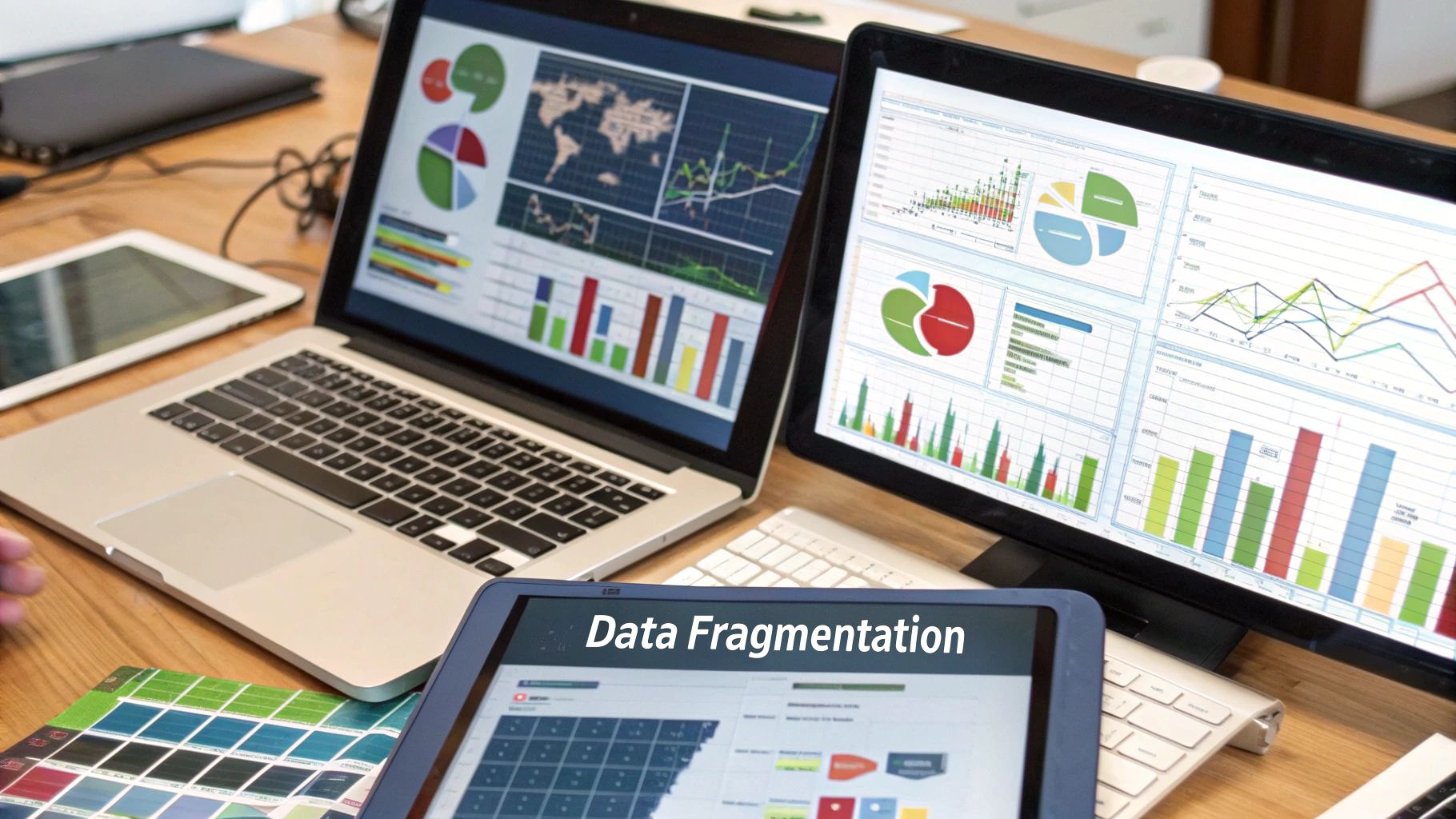 A person navigating a complex maze made of data points and marketing channel icons, representing attribution challenges.