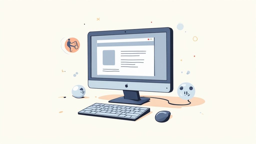 A clean illustration of a desktop computer displaying a website with content and elements.