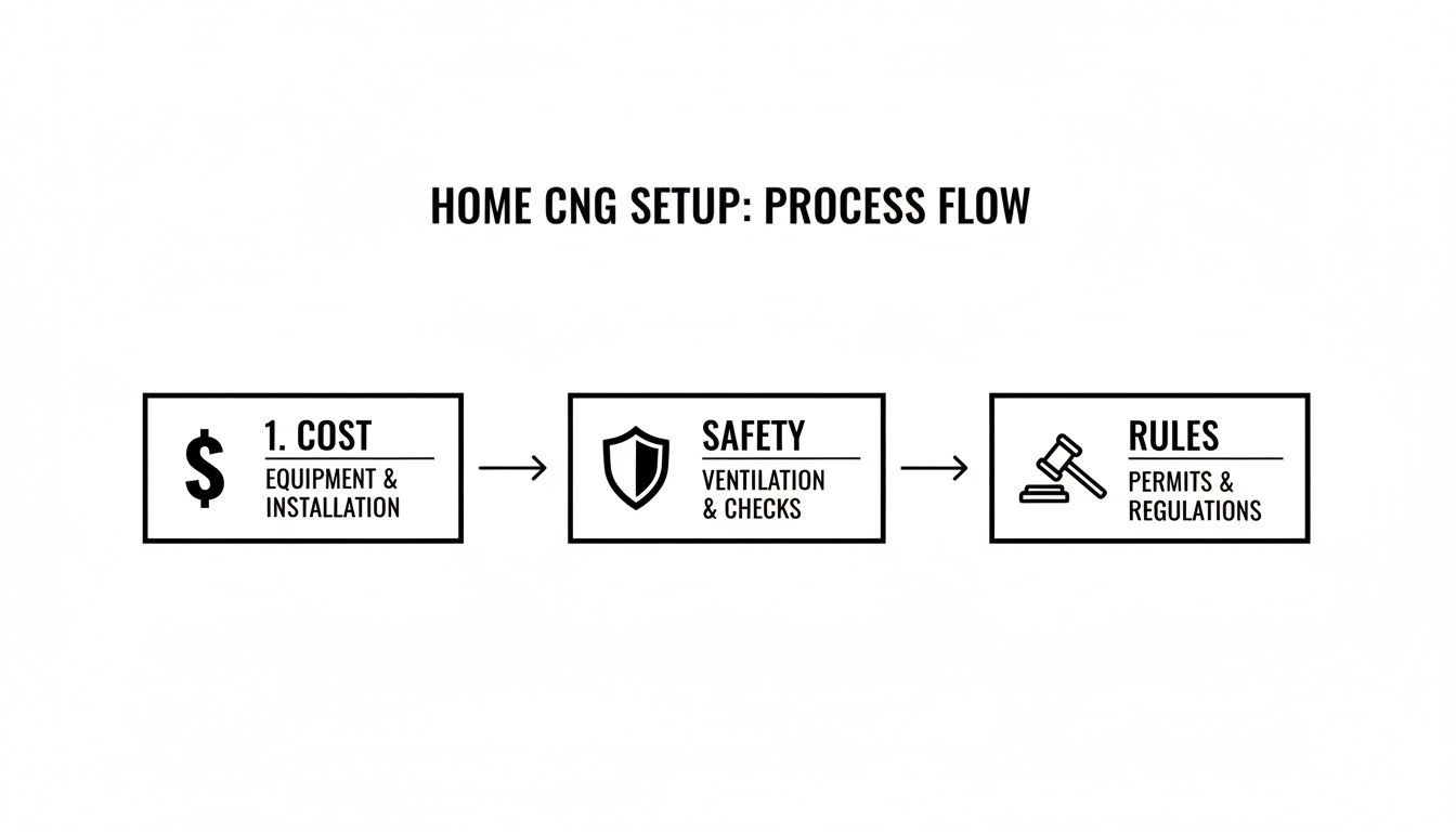 Flowchart detailing the steps for home CNG setup, including cost, safety, and regulatory rules.