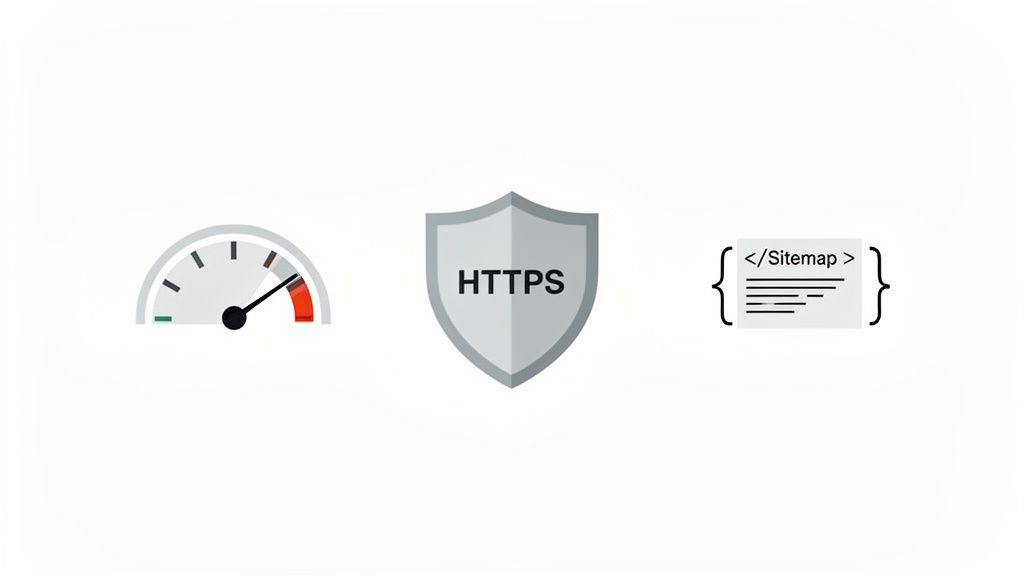 An illustration featuring a speedometer, an HTTPS shield, and a sitemap code, representing key SEO factors.