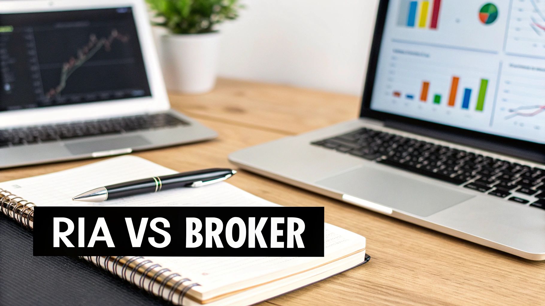 A workspace with two laptops displaying investment charts, a notebook, pen, and 'RIA VS BROKER' text.