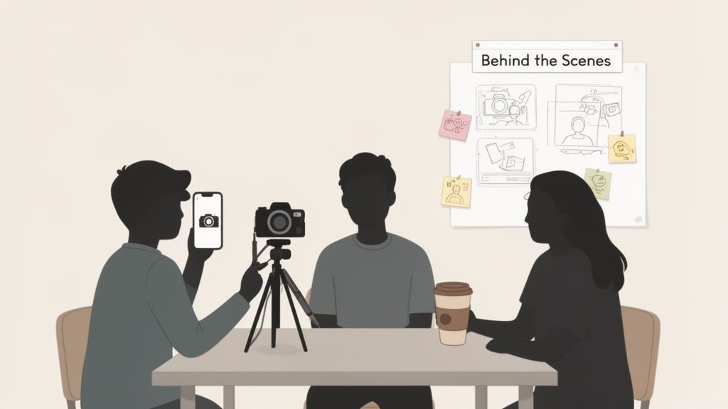 Illustration showing three people creating social media content with cameras, a phone, and a storyboard.