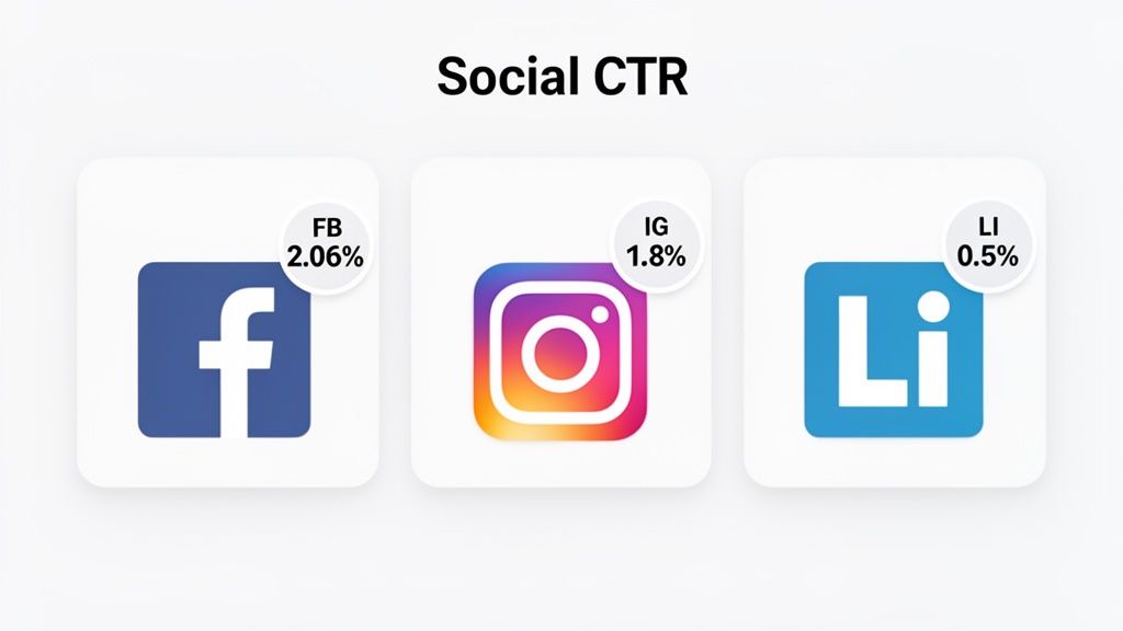 Social CTR benchmarks for Facebook, Instagram, and LinkedIn, displaying their click-through rates.