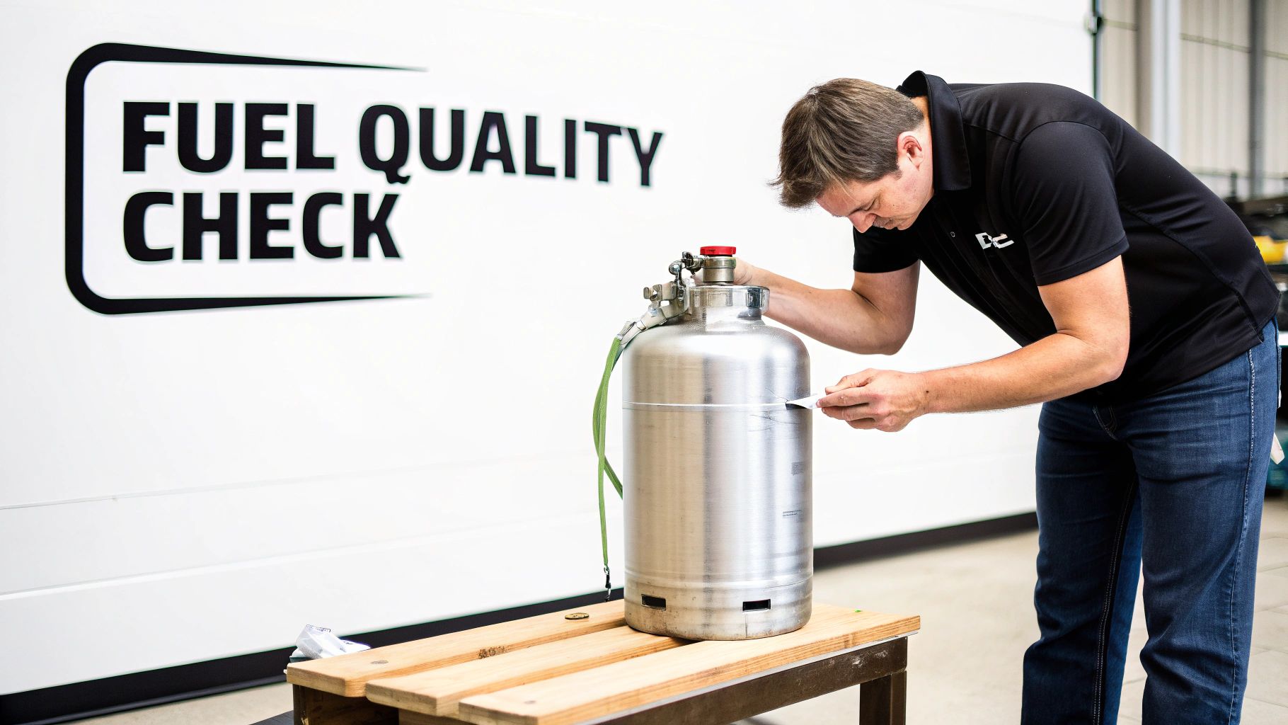 A man performs a fuel quality check on a stainless steel cylinder in a laboratory setting.