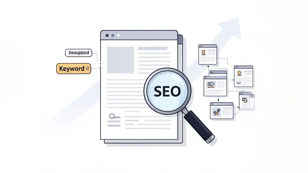 Illustration of SEO strategy, featuring a document with a keyword, a magnifying glass, and interconnected web pages.