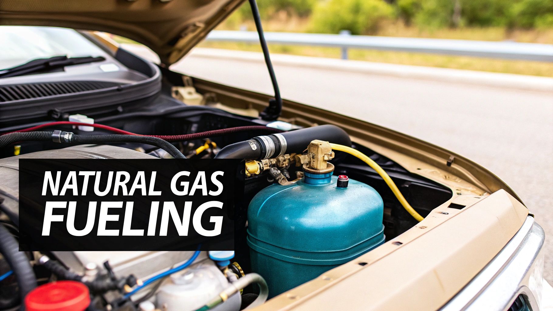 A natural gas fueling station with a large truck being refueled.