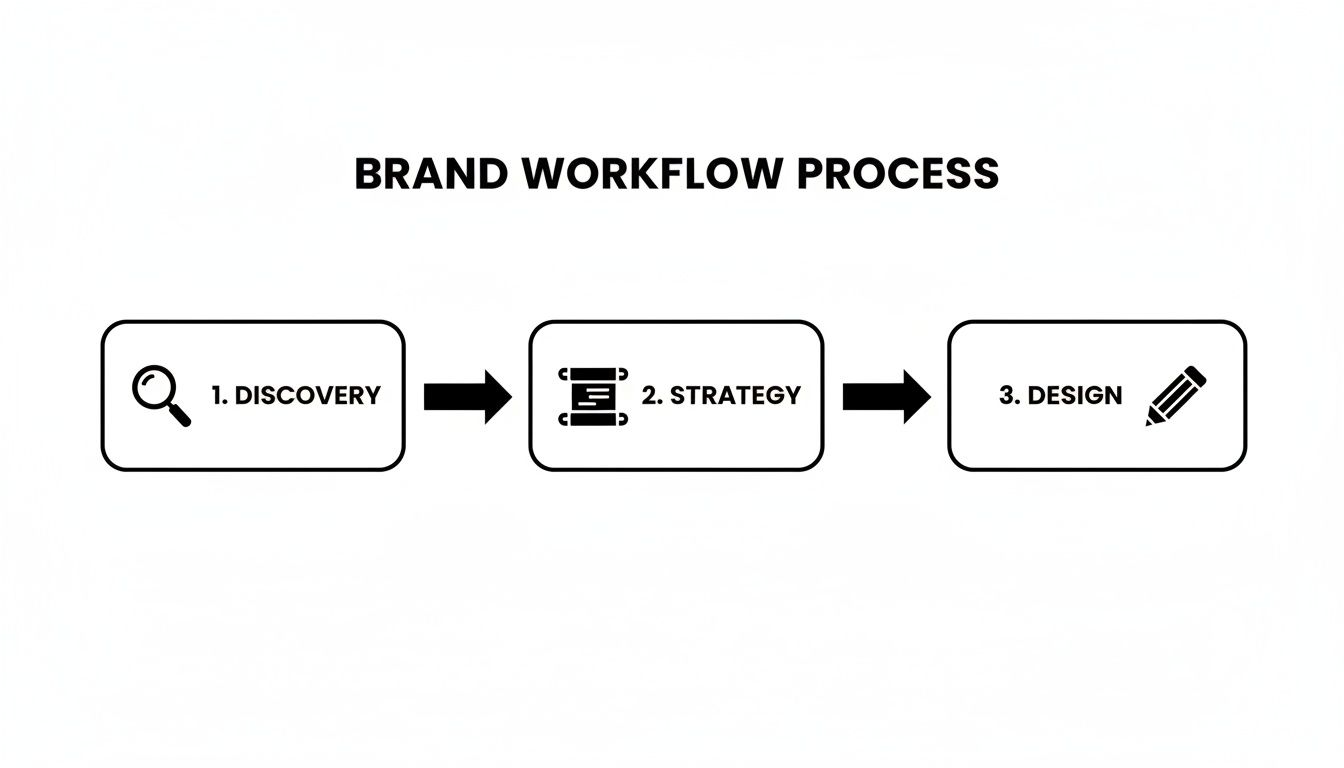 A visual workflow process showing brand development steps: discovery, strategy, and design.