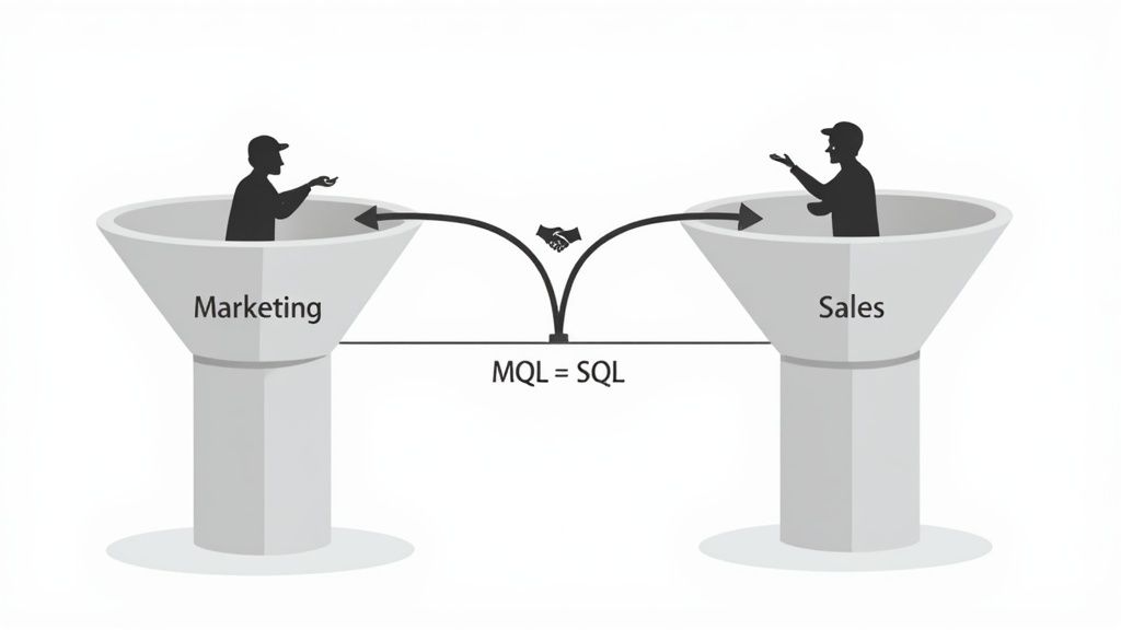 Two puzzle pieces, one labeled marketing and one labeled sales, fitting together perfectly.