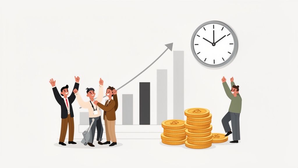 Business people celebrate financial growth with an upward trend graph, money, and a clock.