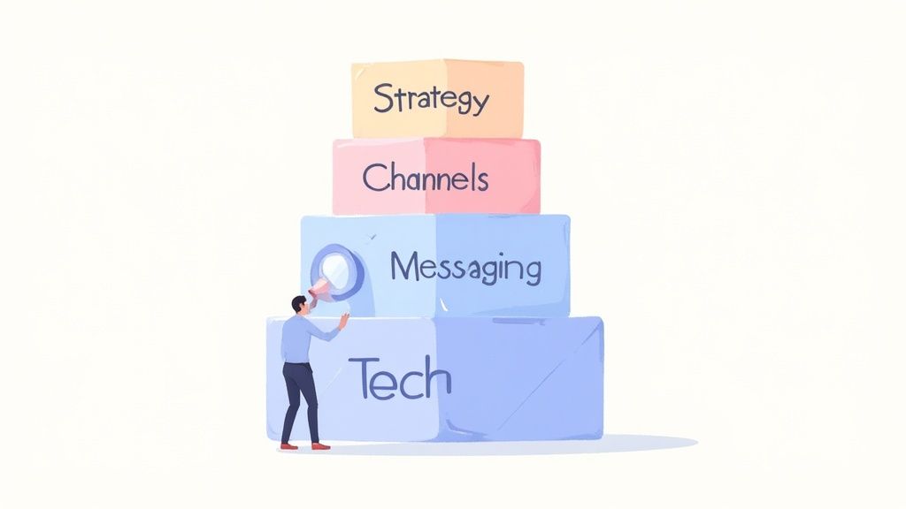 A man with a megaphone stands beside a tiered stack of blocks labeled Strategy, Channels, Messaging, and Tech.