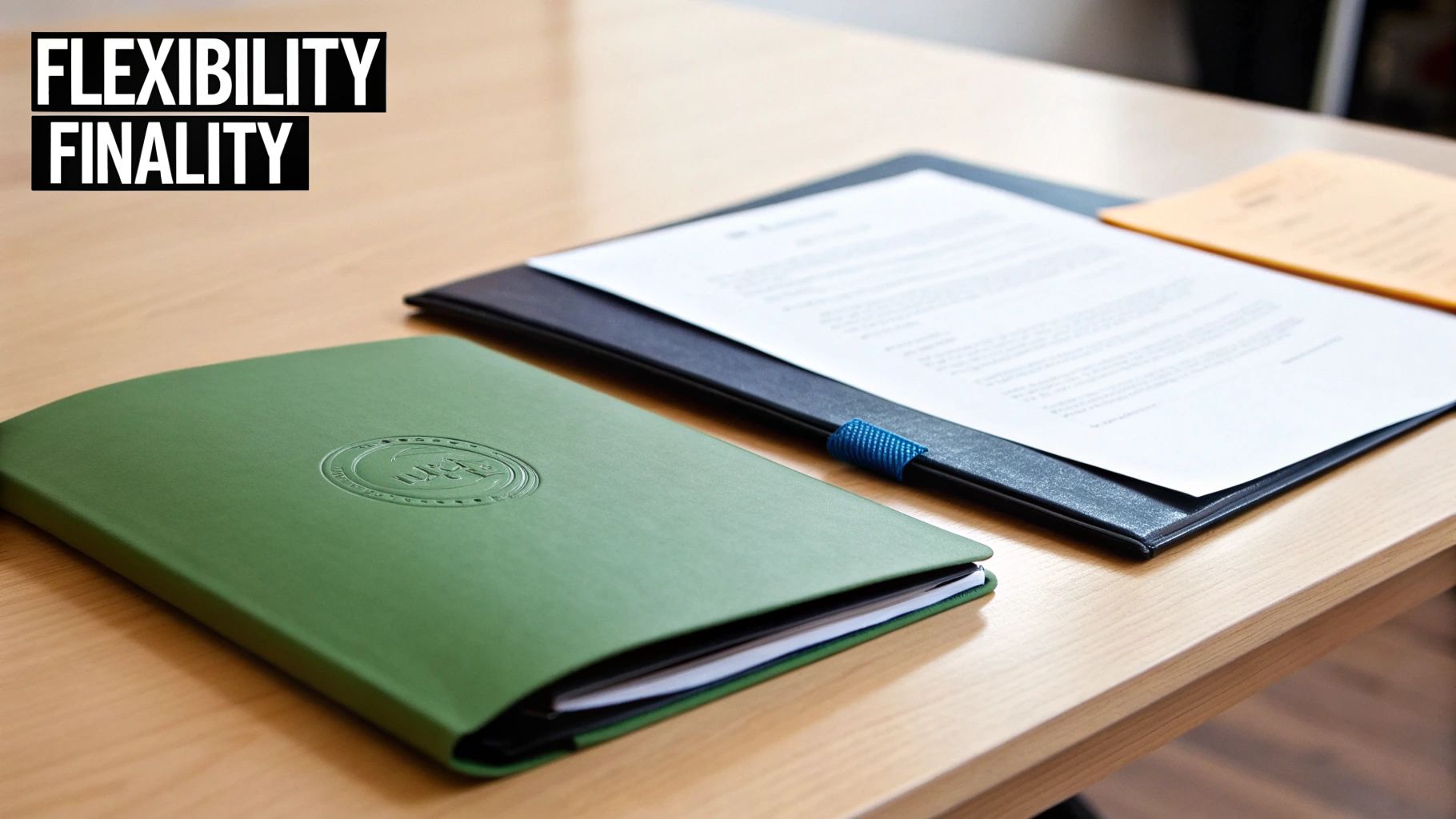 Two folders, green and black, with legal documents on a wooden desk, symbolizing important paperwork.