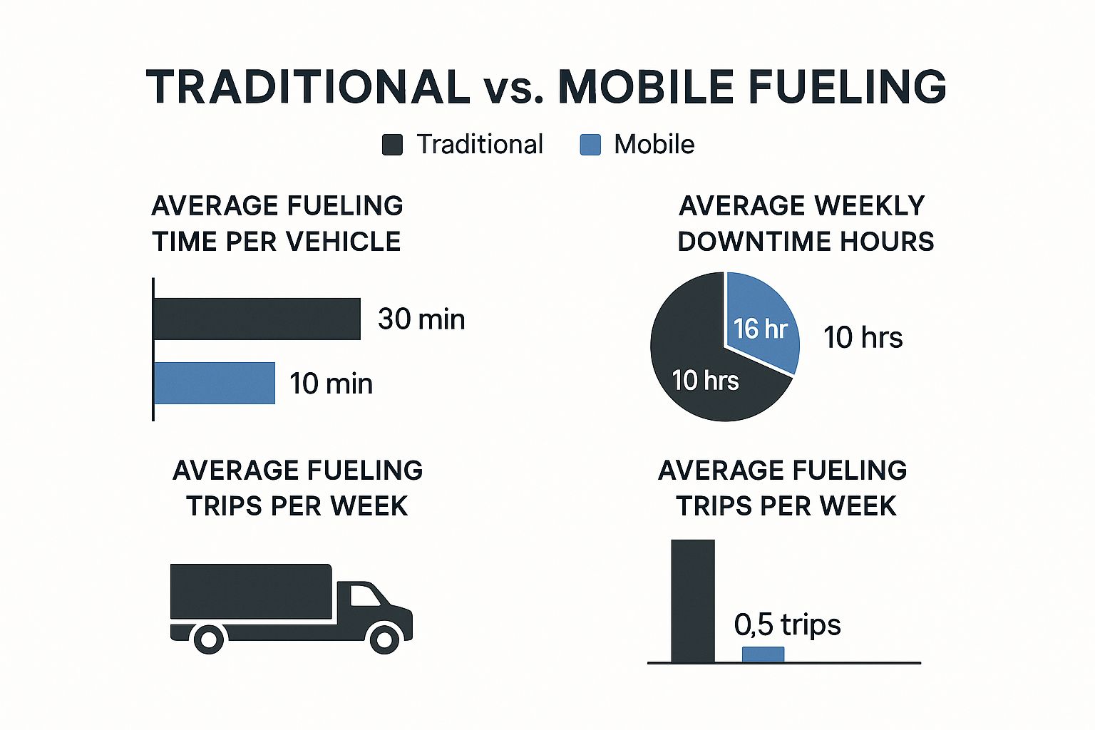 Infographic comparing traditional fueling to mobile fueling truck services across time, downtime, and trips.