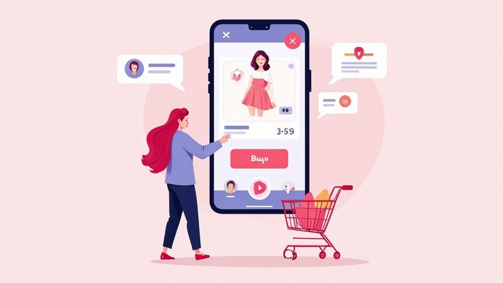 A woman interacting with a smartphone e-commerce app, browsing a dress with a shopping cart.