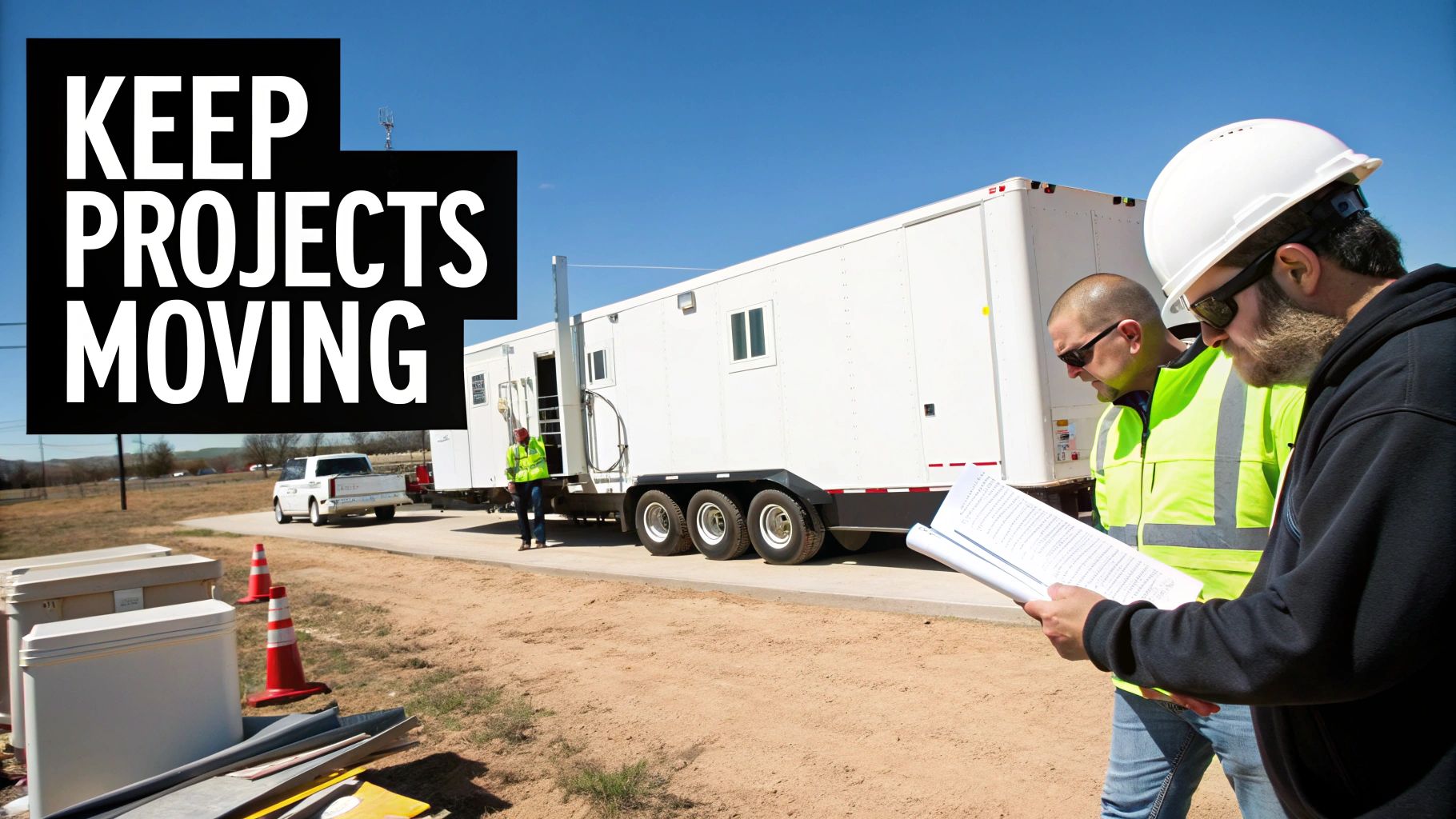 Construction workers review blueprints outside a mobile office trailer on a sunny project site.