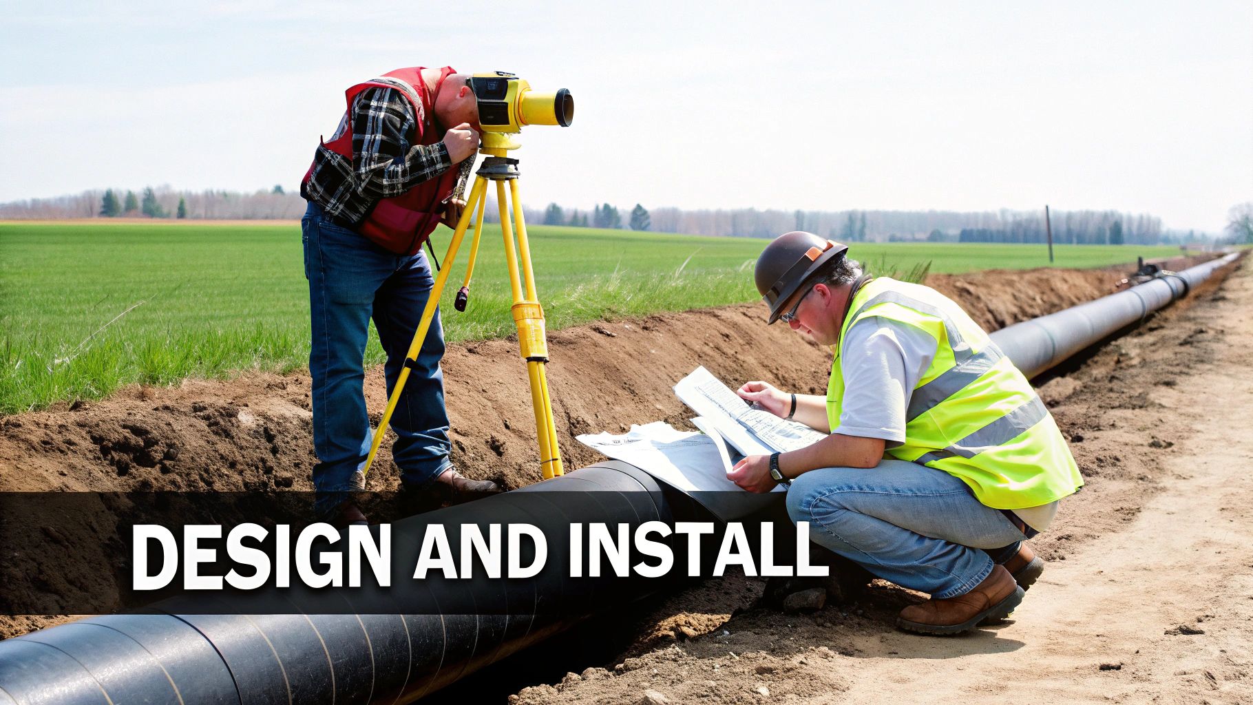 Two engineers on a pipeline construction site, one surveying, the other reviewing plans in a trench.