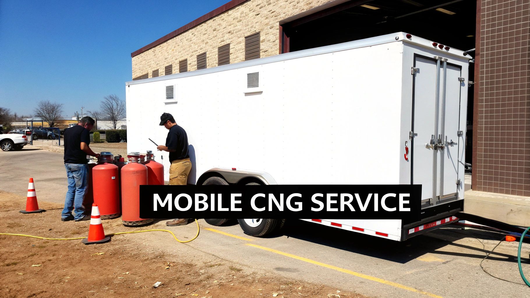Two men handle large red CNG tanks outside a white mobile service trailer under a blue sky.