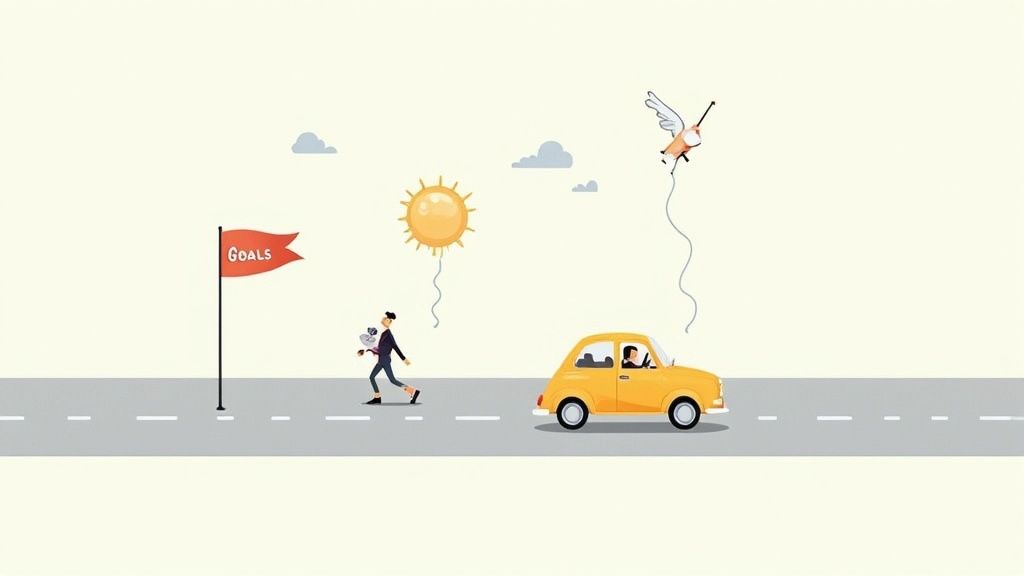 A team collaborating on a digital strategy with charts and sticky notes on a glass wall