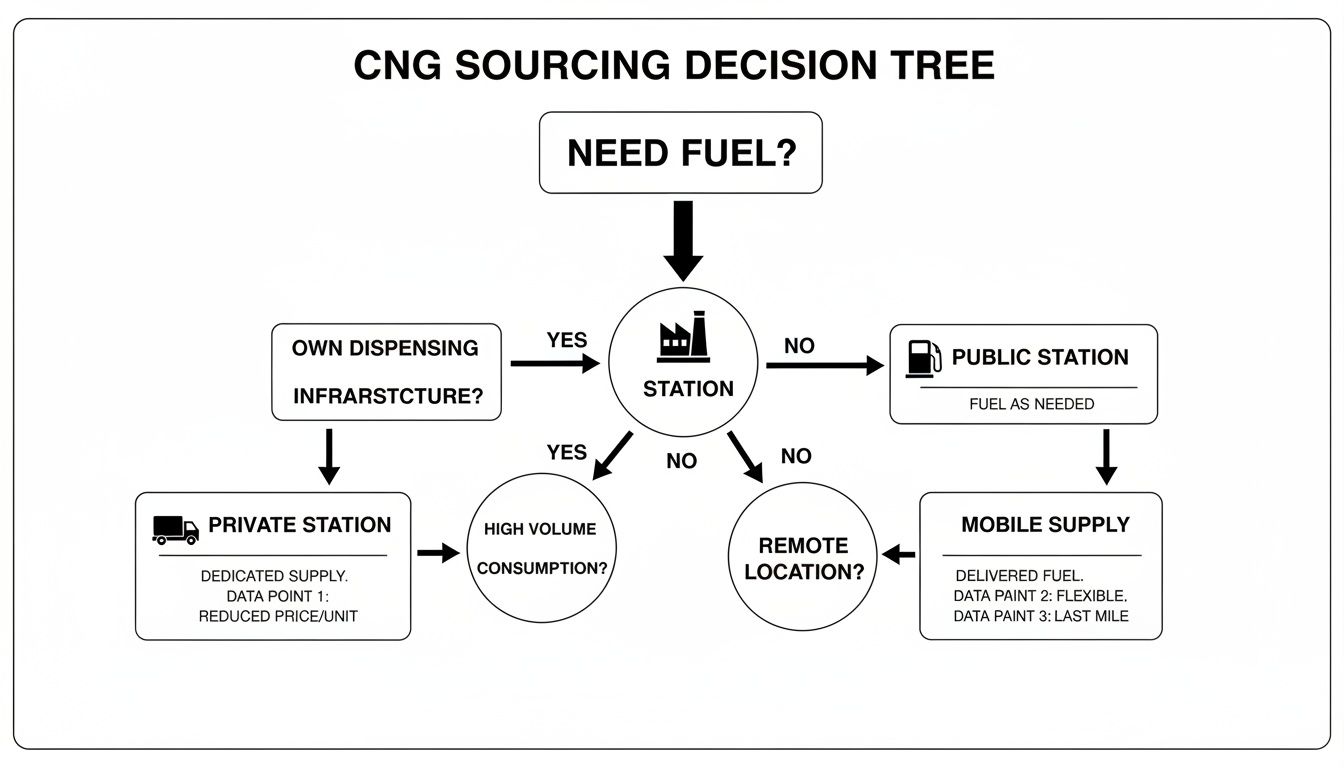A CNG sourcing decision tree flowchart illustrating options for fuel acquisition based on needs and infrastructure.