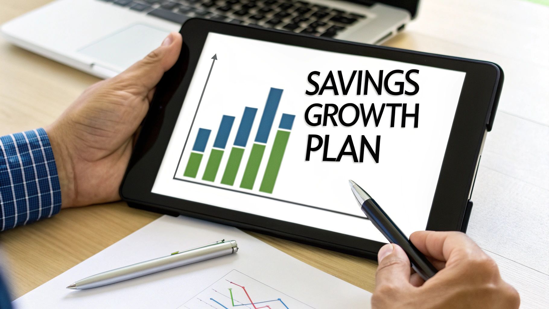 A person holds a tablet displaying a bar chart titled "Savings Growth Plan," with pens and papers on a desk.
