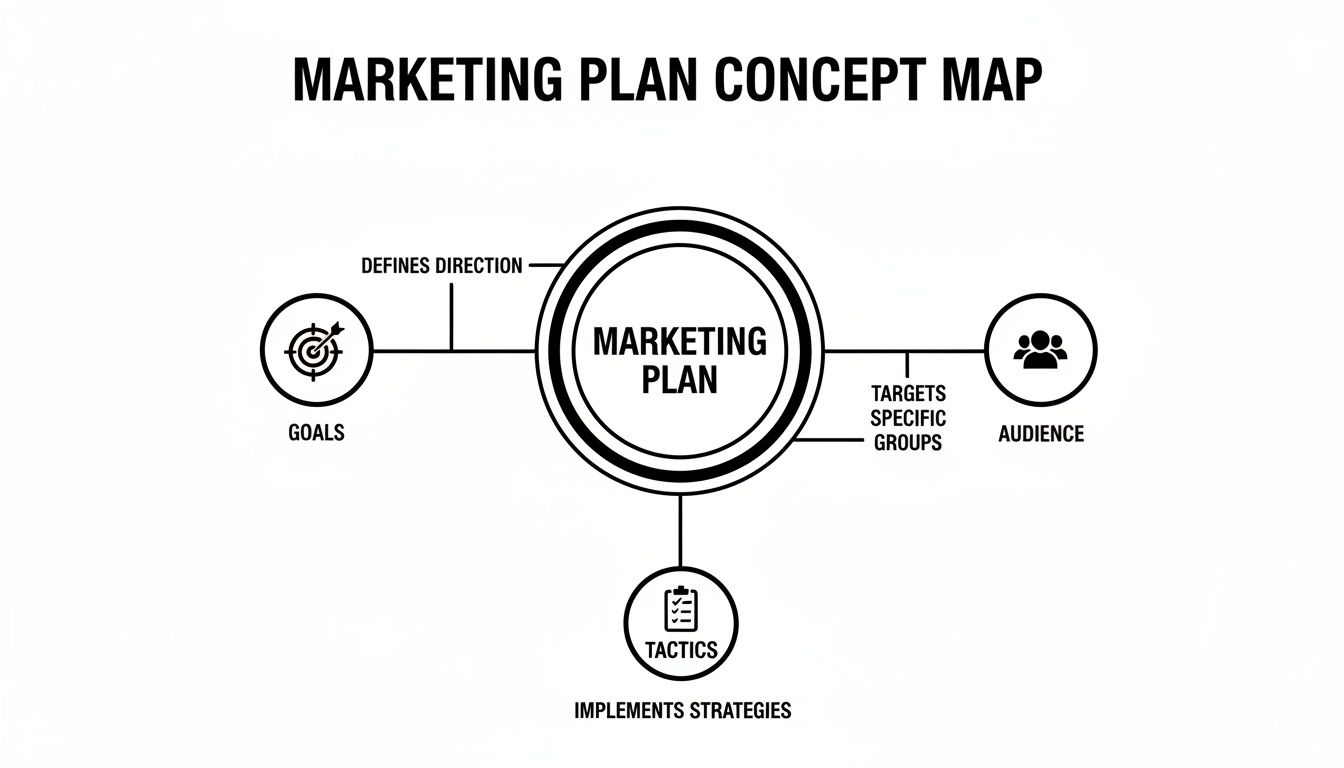 A concept map illustrates a Marketing Plan connected to Goals, Audience, and Tactics.
