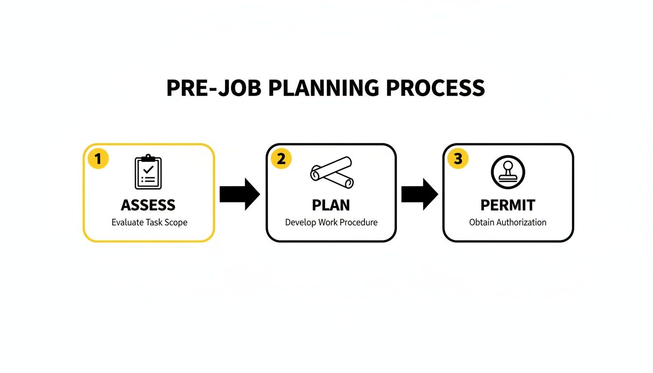 A diagram illustrating the three-step pre-job planning process: Assess, Plan, and Permit.