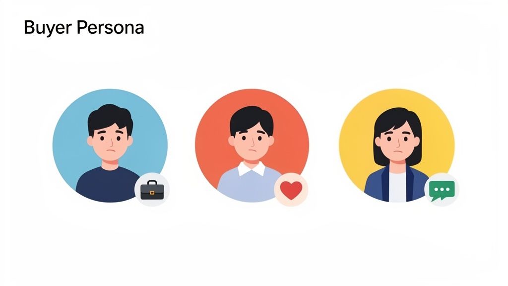 An illustration depicting three distinct buyer personas, showing different customer segments with associated icons.