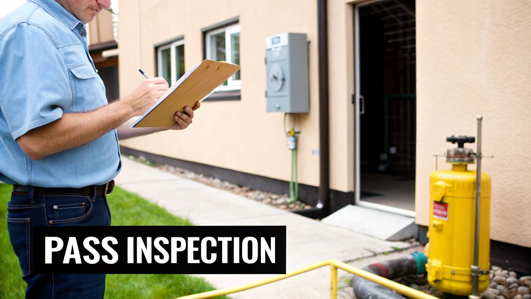 A technician inspects a building with a clipboard, showing a yellow gas tank and 'PASS INSPECTION' text.