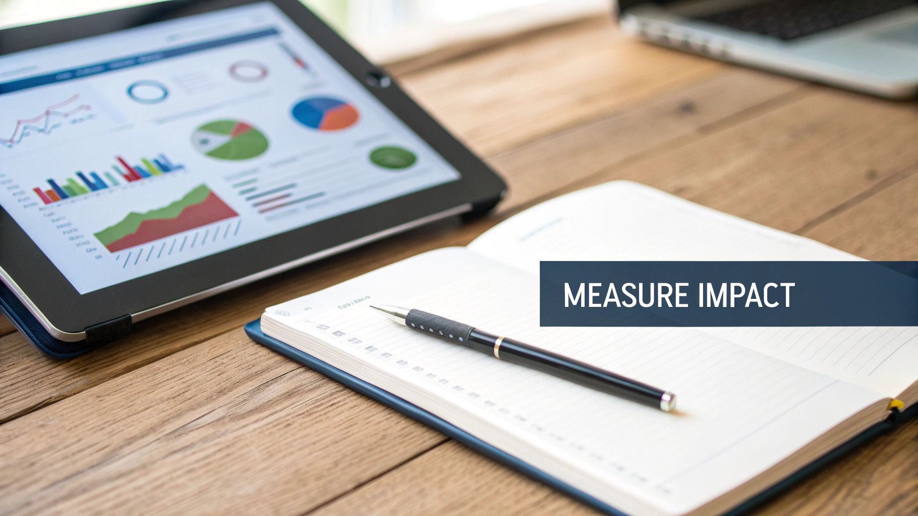 A person analyzing charts and graphs on a tablet, symbolizing the measurement of content impact.