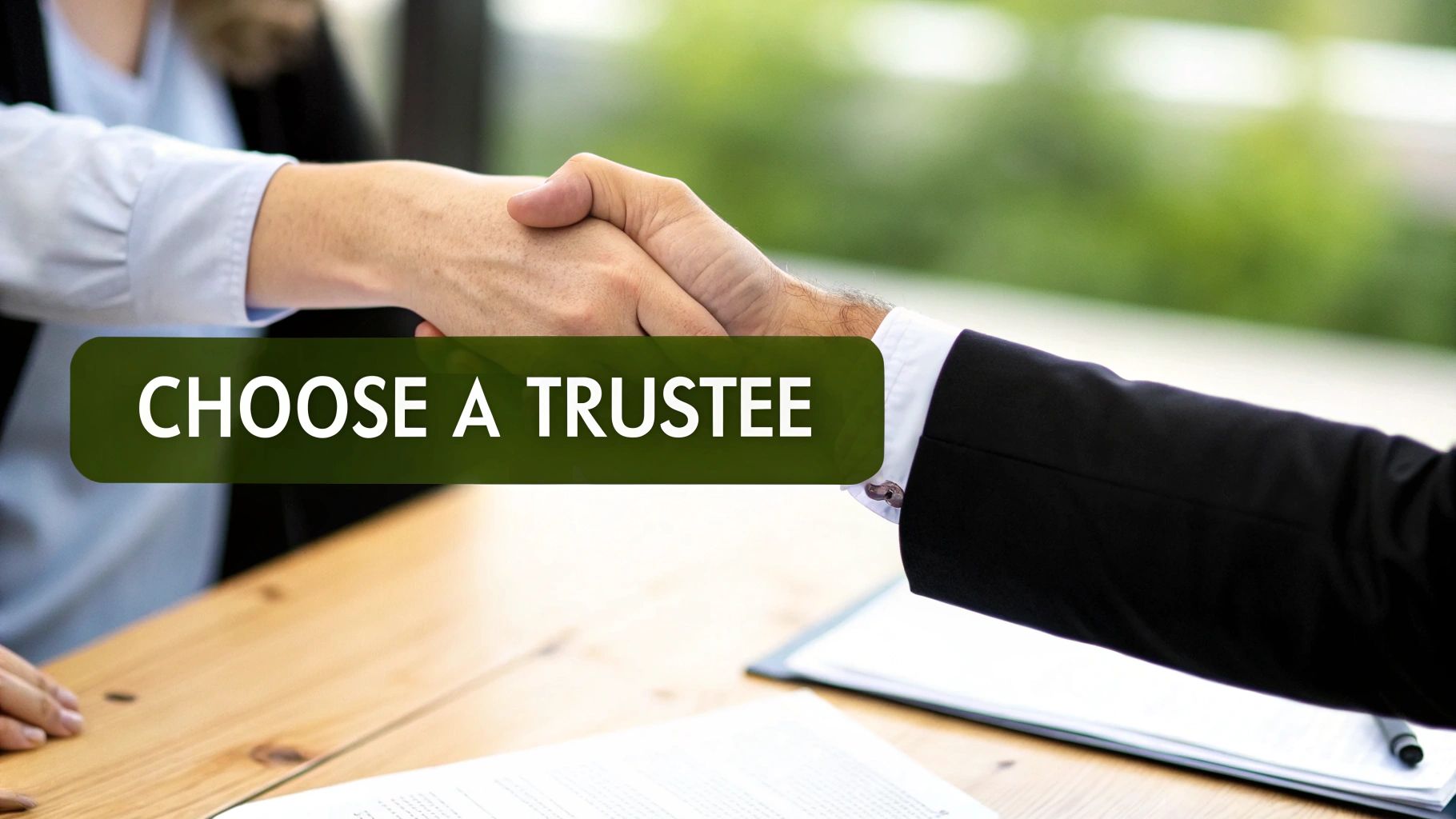 Two people shaking hands over a table, signifying agreement, with text 'CHOOSE A TRUSTEE'.