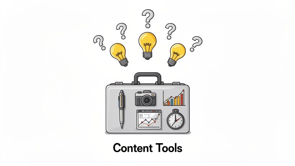 A content creator's briefcase containing camera, pen, charts, and clock, symbolizing ideas and problem-solving.