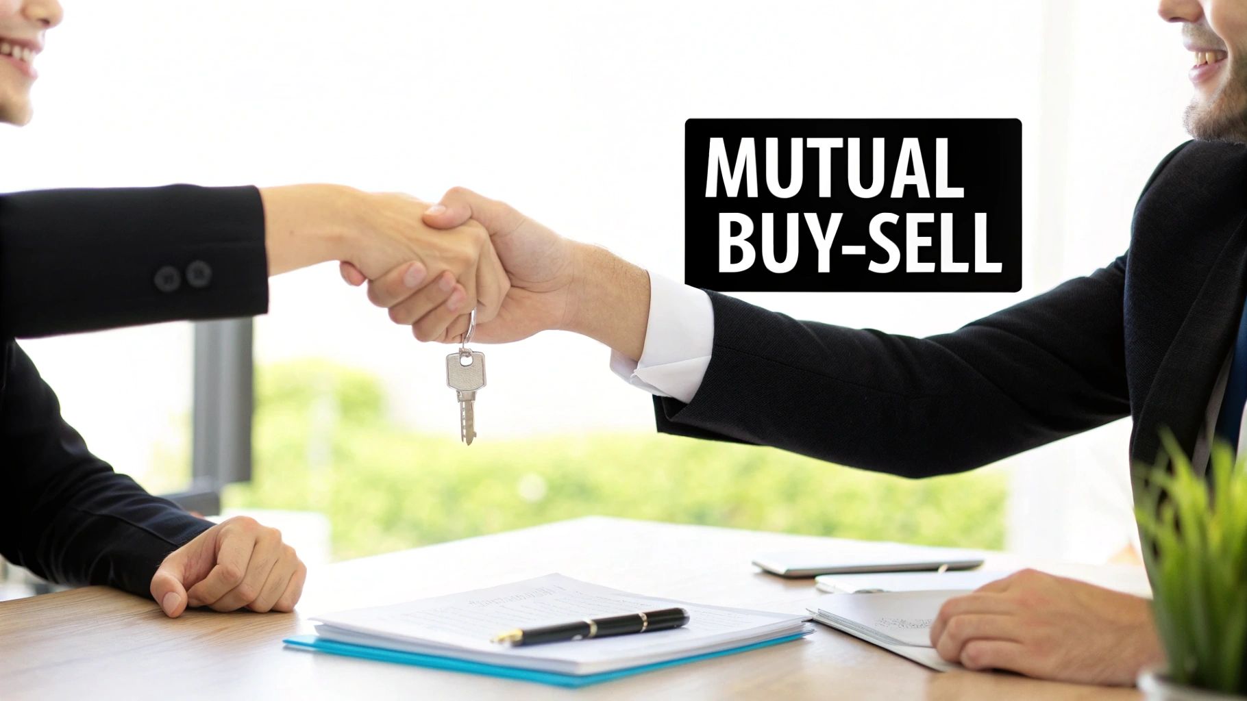Two business people shaking hands, with one holding a key, signifying a mutual buy-sell agreement.