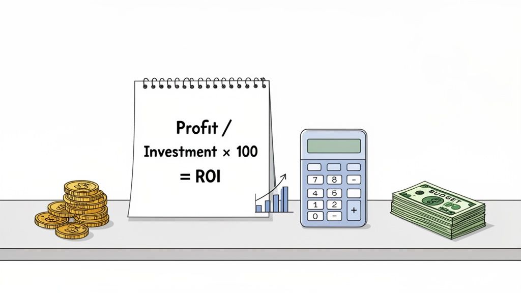 A notepad displays the ROI formula, accompanied by gold coins, a calculator, and a stack of budget bills.