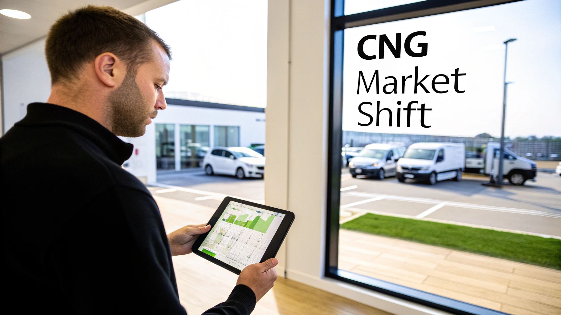 Man in black shirt viewing market data on a tablet, with "CNG Market Shift" visible on a window overlooking parked vehicles.
