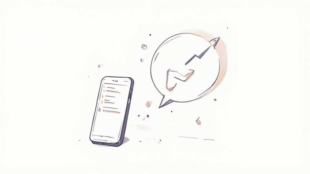 A hand-drawn illustration of a smartphone next to a speech bubble with an upward trend graph, symbolizing a rising instagram interaction rate.