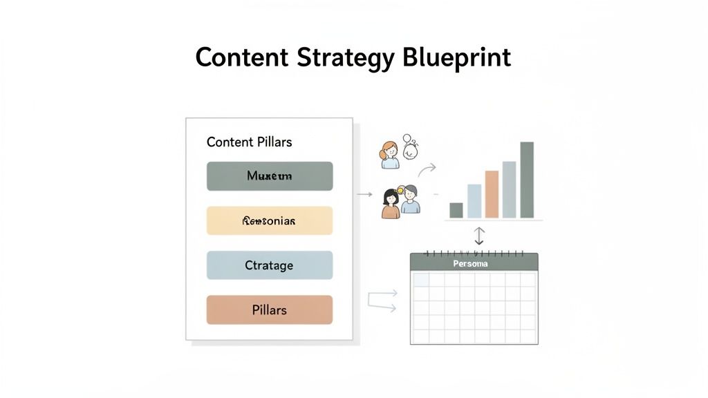 A Content Strategy Blueprint diagram showing content pillars, target audiences, analytics, and a planning calendar.