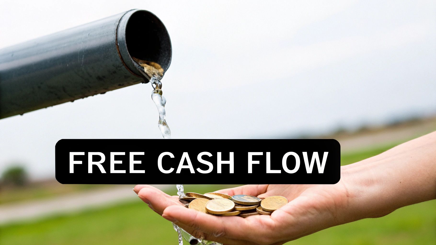 Water flows from a pipe into a hand collecting golden coins, with 'FREE CASH FLOW' text.
