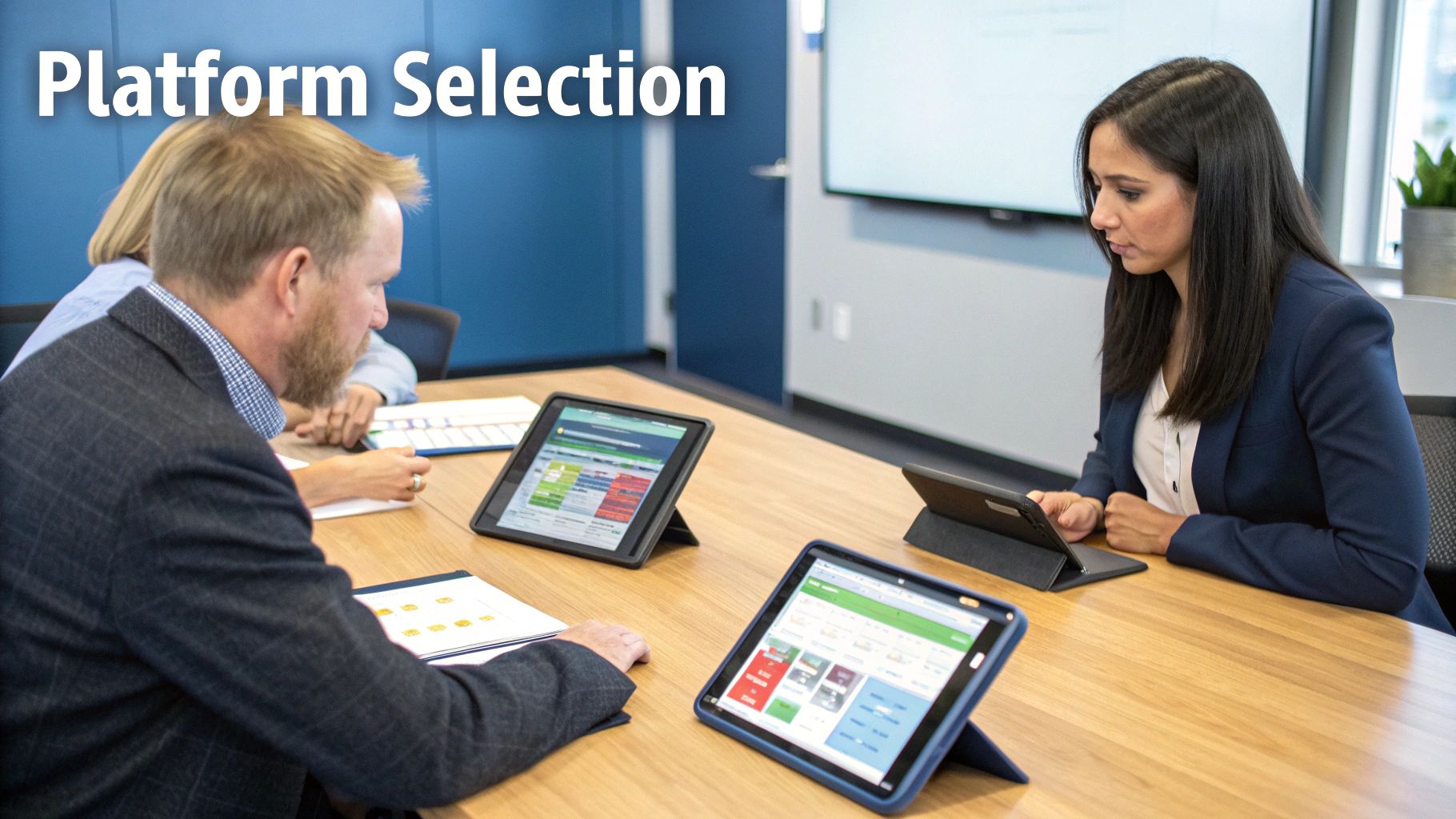 An agency professional comparing different marketing automation platforms on a tablet, with feature checklists visible.