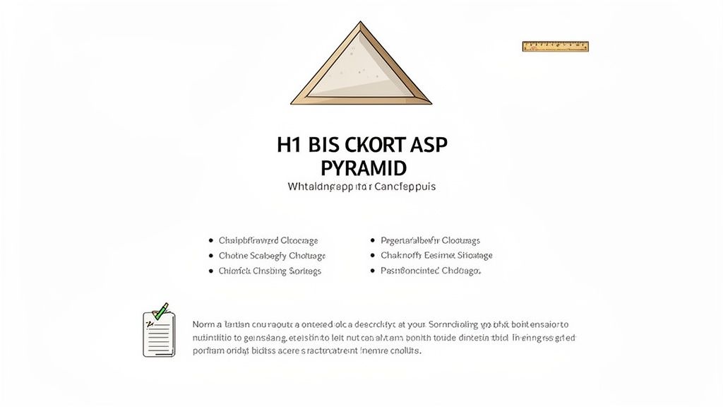 A presentation slide showing a pyramid icon, bulleted lists, a ruler, and a notepad with text.