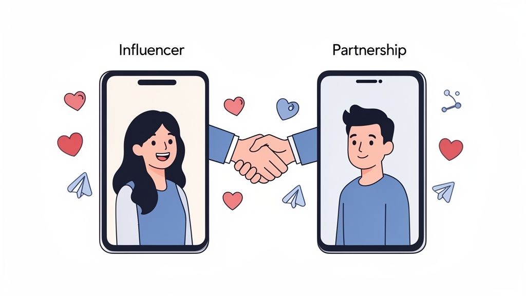 Illustration of an influencer and a business partner shaking hands via smartphones, surrounded by social media icons.