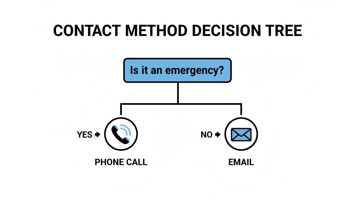 A contact method decision tree. If it's an emergency, make a phone call. Otherwise, send an email.