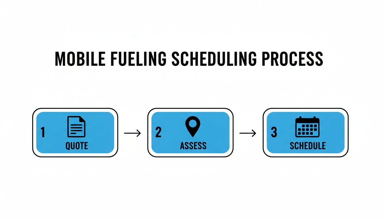 A clear diagram outlining a three-step mobile fueling scheduling process with icons for quote, assess, and schedule.
