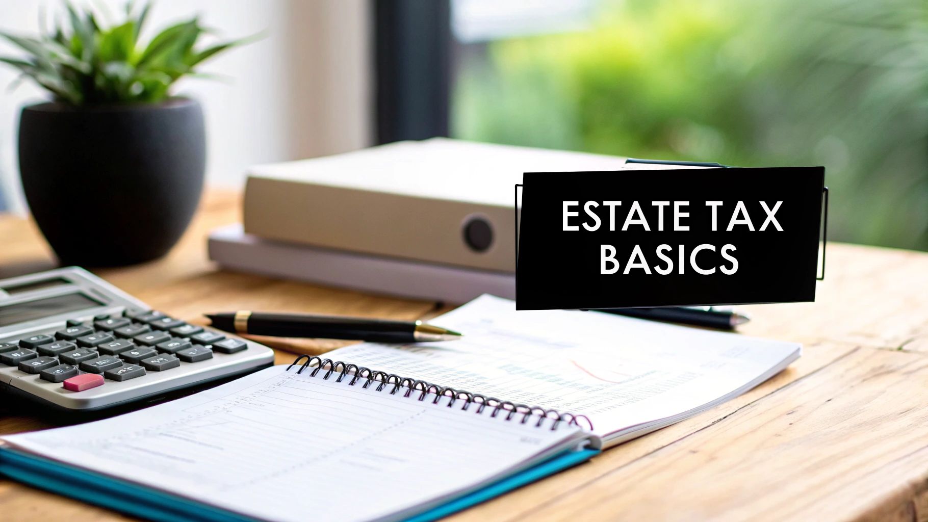 A desk with a calculator, pen, documents, and a sign titled 'ESTATE TAX BASICS'.